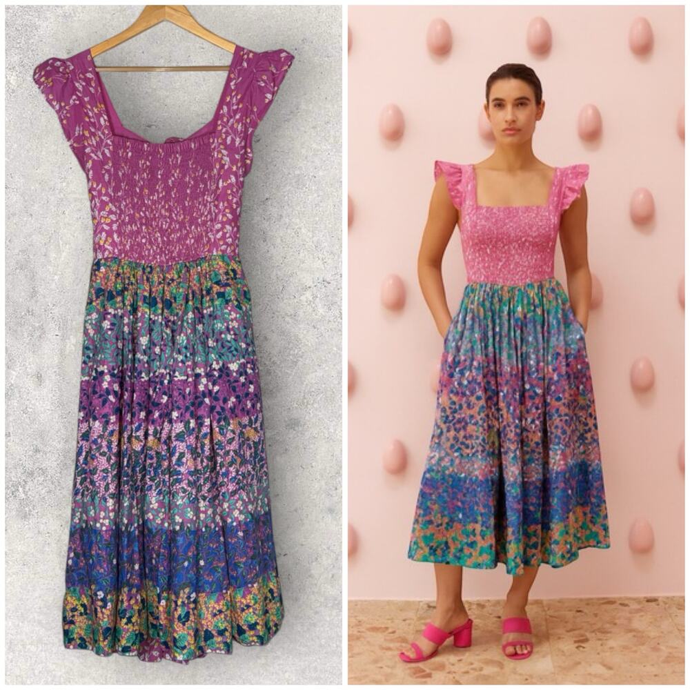 Caroline Constas Floral Tiered Midi Dress Large Pink Colorful Cottagecore Open - Picture 2 of 10